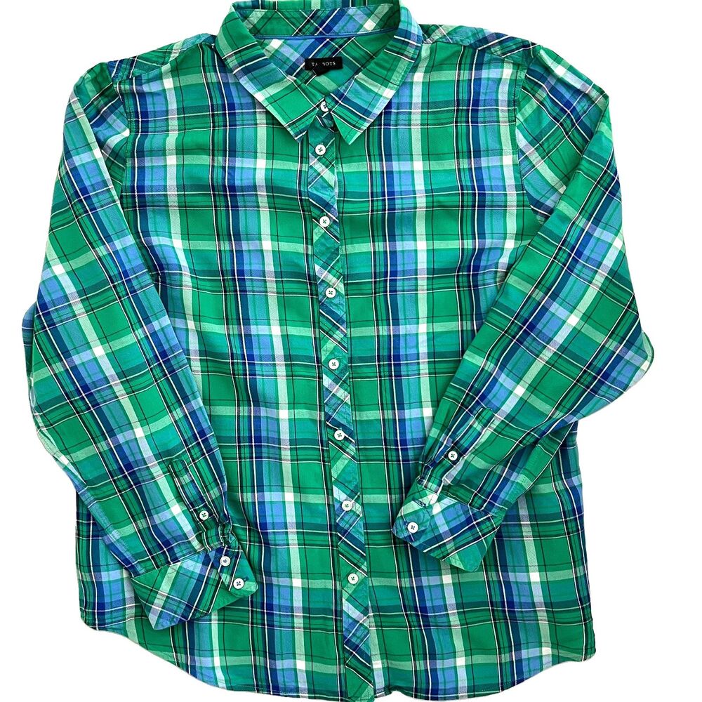 Talbots Shirt XL Flannel Green Plaid Lightweight Cotton blend